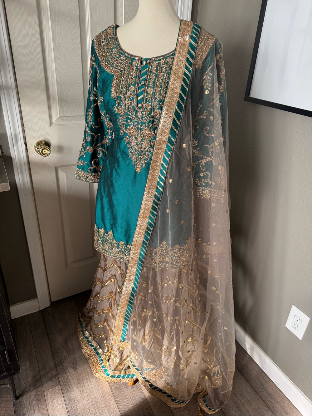 Teal & Gold Embroidered Women’s sharara set with Dupatta